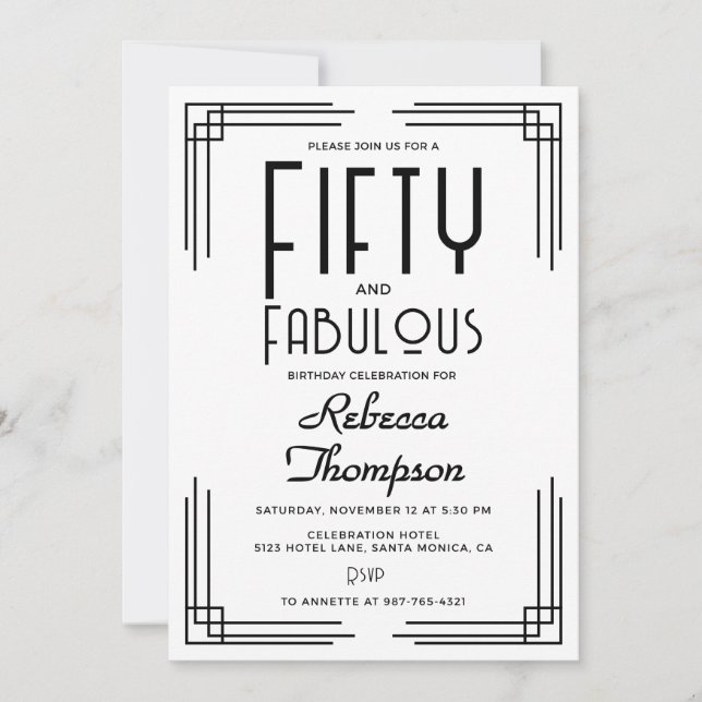 Convite Fifty Fabulous Black White Art Deco 50th Birthday (Frente)
