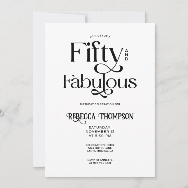 Convite Fifty Fabulous Black White Script 50th Birthday (Frente)
