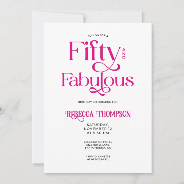 Convite Fifty Fabulous Hot Pink Script 50th Birthday (Frente)