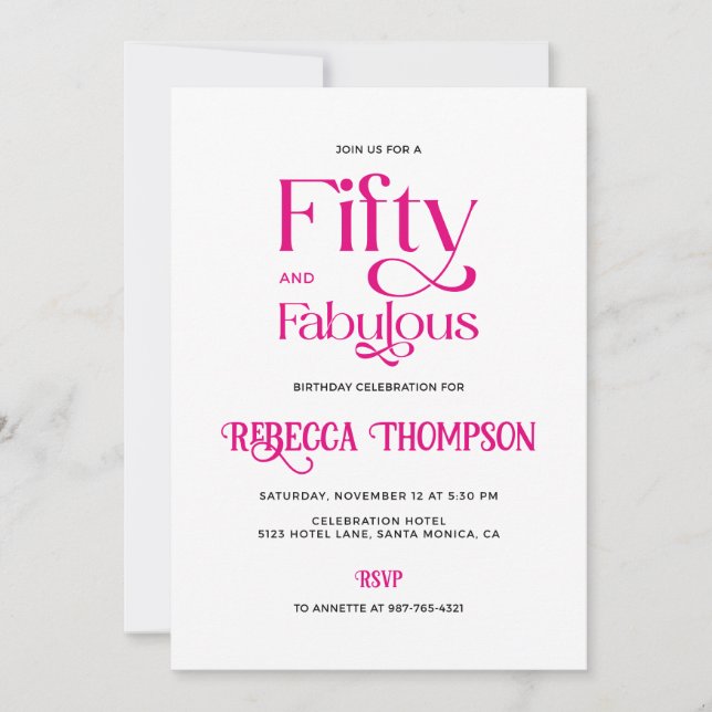 Convite Fifty Fabulous Hot Pink Script 50th Birthday (Frente)