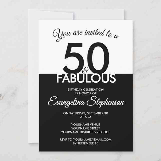 Convite Fifty Fabulous Modern Black White 50th Birthday  (Frente)