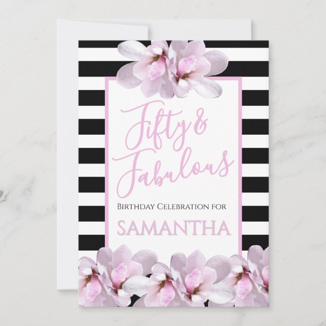 Convite Fifty & Fabulous Pink Floral Black Stripe Birthday (Frente)