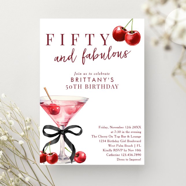 Convite Fifty & Fabulous Red Cherry Martini 50th Birthday (Criador carregado)