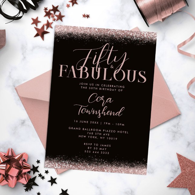 Convite Fifty & Fabulous Rose Gold Glitter 50th Birthday (Fifty & Fabulous Rose Gold Glitter 50th Birthday Invitation)