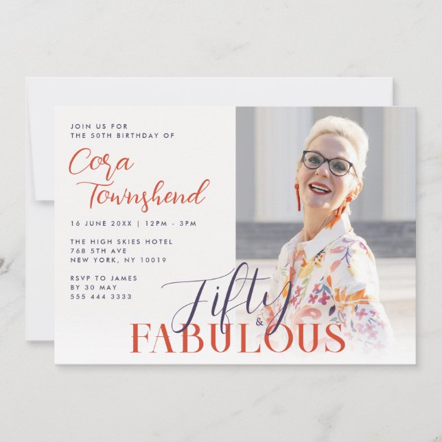 Convite Fifty & Fabulous Script Photo 50th Birthday (Frente)
