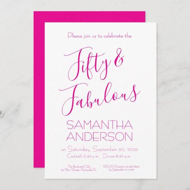 Convite Fifty Fabulous Script Pink 50th Birthday Party  (Frente/Verso)