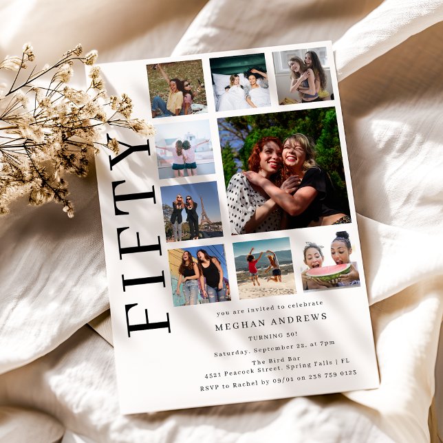Convite Fifty Photo Collage 50th Birthday Party Invitation (Criador carregado)