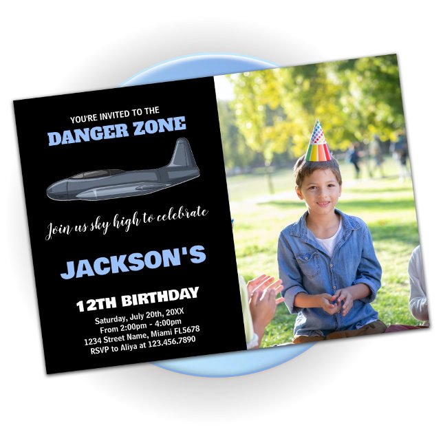 Convite Fighet Jet Birthday Invtions Blue com foto (Fighter Jet Birthday Invitations Blue with photo)