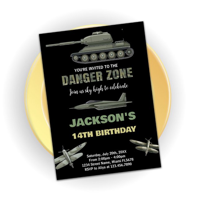 Convite Fighter Jet Birthday Invances Zona de Perigo Escur (Fighter Jet Birthday Invitations Danger Zone Dark)