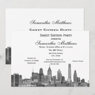 Convite Filadélfia Black Etched Look Skyline Sweet 16