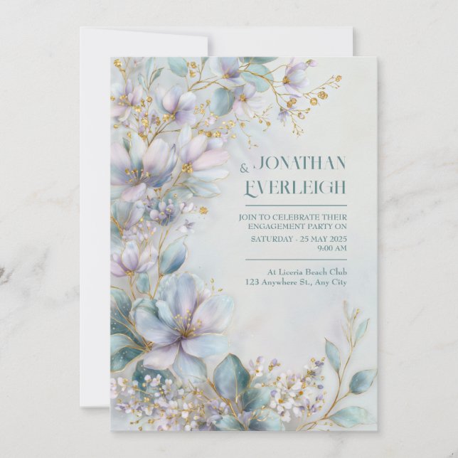 Convite Filamento Dourado de Periwinkle Botânico Etéreo (Frente)