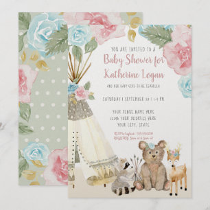Convite Filha Chá Woodland Animal Floral Teepee