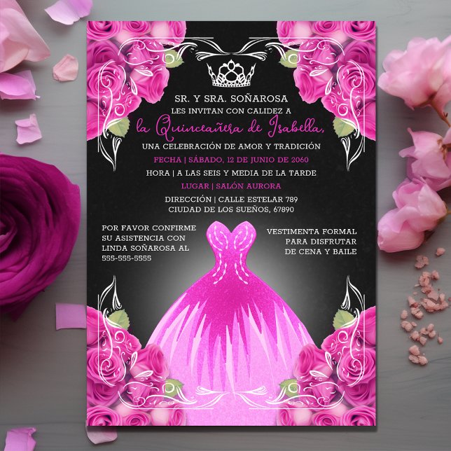 Convite Filha Rosa Rosas Quinceañera Celebração Elegante (Daughter Pink Roses Quinceañera Elegant Celebration Invitation)