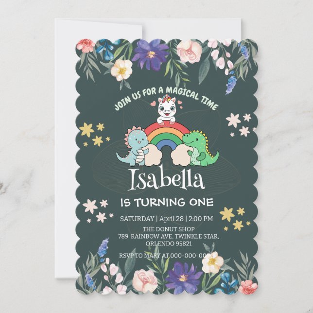 Convite Filhos de aniversário florais do Dinossauro do Uni (Frente)