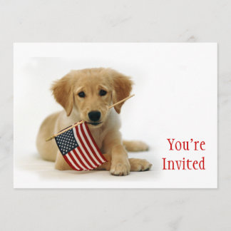 Convite Filhote de cachorro dourado e bandeira americana