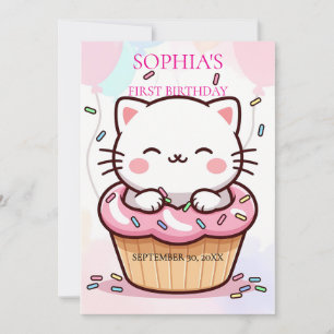 Convite Filhote de Gato Cupcake Primeiro Aniversário