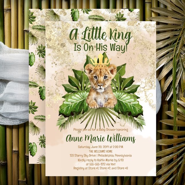 Convite Filhote de Leão Um Pequeno Rei Está a Caminho Chá  (Lion Cub A Little King Is On His Way Safari Jungle Baby Shower Invitation - Print | Digital Download)