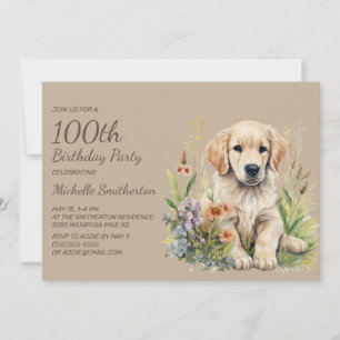 Convite Filhote de Retriever Dourado Fofo 100º Aniversário
