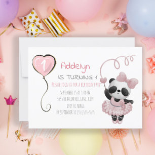 Convite Filhote de Urso Panda Rosa Bailarina 1º Aniversári