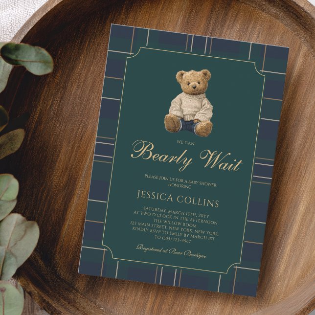 Convite Filhote Fofo Azul Verde Mal Podemos Esperar Chá de (Cute Cub Blue Green We Can Bearly Wait Baby Shower Invitation)