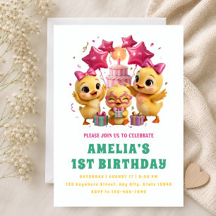Convite Filhotes de Pato Rosa 1º Aniversário