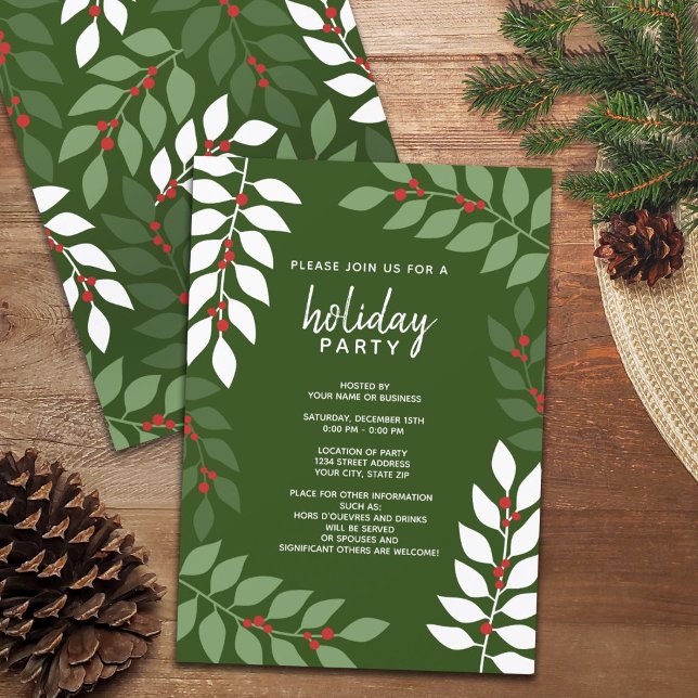 Convite Filiais de bagas modernas - Partido Feriado Cockta (Holiday Party Invitation - modern eucalyptus branches with simple fonts )