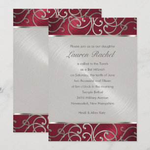 Convite Filigrana Bat Mitzvah Elegante Vermelha e Prata