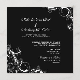 Convite Filigre Negra Negra com Casamento Quadrado Branco