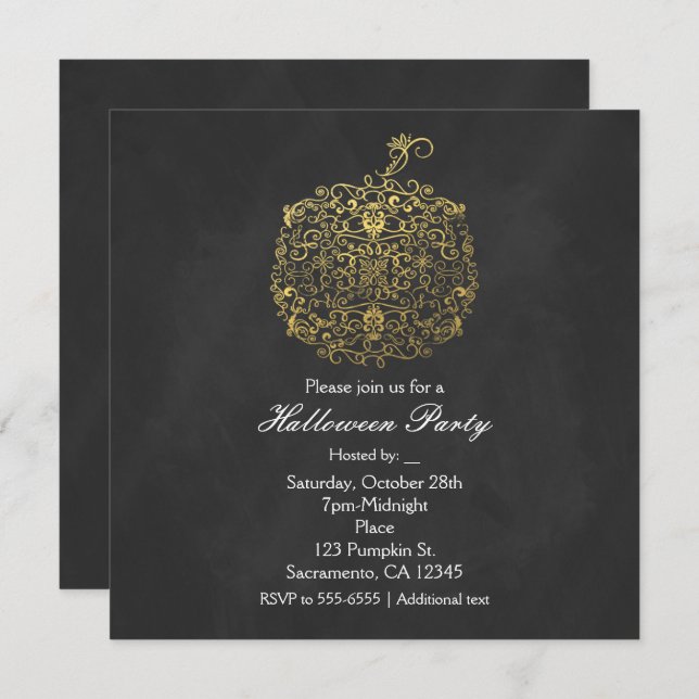 Convite Filigree Elegant Dourado Pumpkin Autumn Fall Party (Frente/Verso)