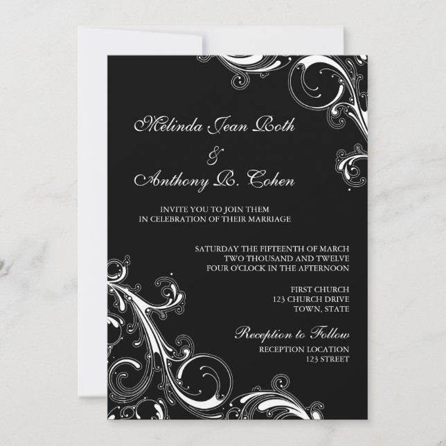 Convite Filigree Swirl Black w/White Casamento 5x7 (Frente)