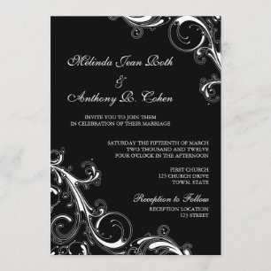 Convite Filigree Swirl Black w/White Casamento 5x7