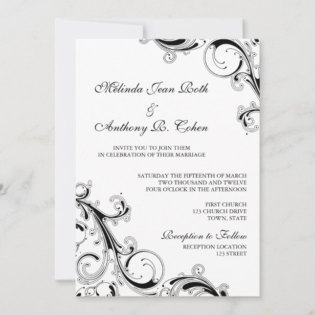 Convite Filigree Swirl Black w/White Casamento 5x7 (Frente)