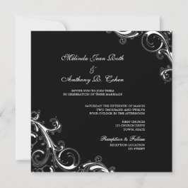 Convite Filigree Swirl Black w/White Square Weding