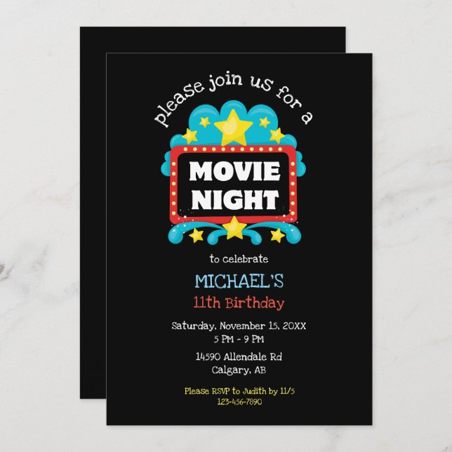 Convite Filme de Festas de aniversário Noturnas Crianças C (Frente/Verso)