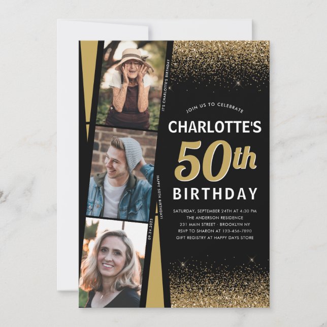 Convite Filme de Foto Dourado 3 Preto com Brilho Qualquer  (Frente)