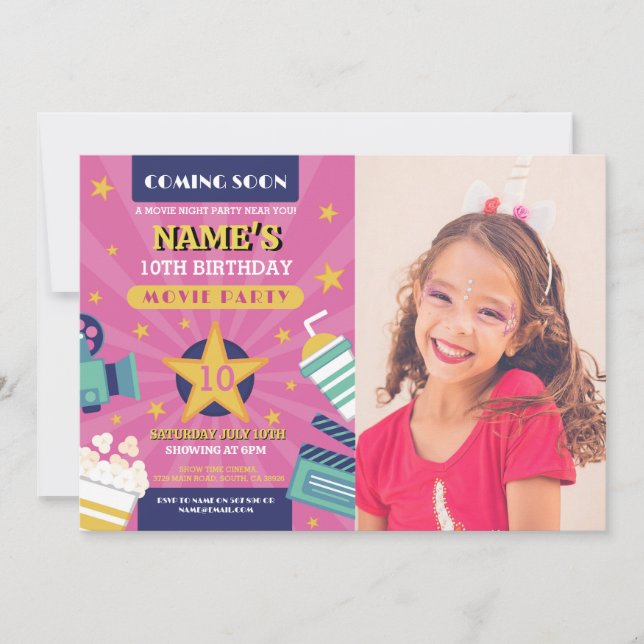 Convite Filme Noturno Cinema Festa de aniversário Foto Ros (Frente)