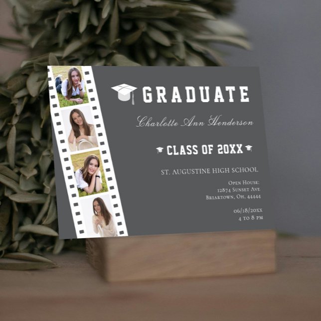 Convite Filmstrip Quatro Colagem de Fotografias Abrir Casa (Gray Filmstrip Four Photo Collage Graduation Open House Invitation)