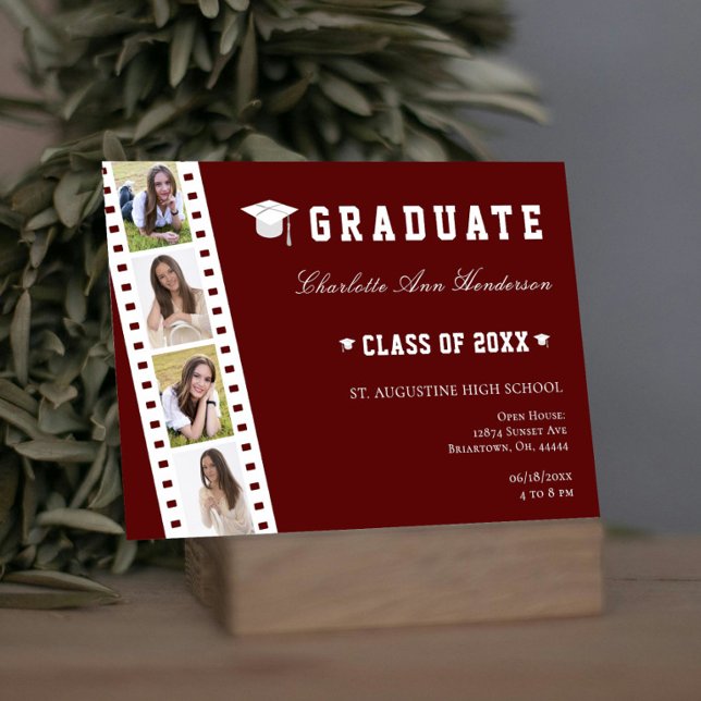 Convite Filmstrip Quatro Colagem de Fotografias Abrir Casa (Red Filmstrip Four Photo Collage Graduation Open House Invitation)