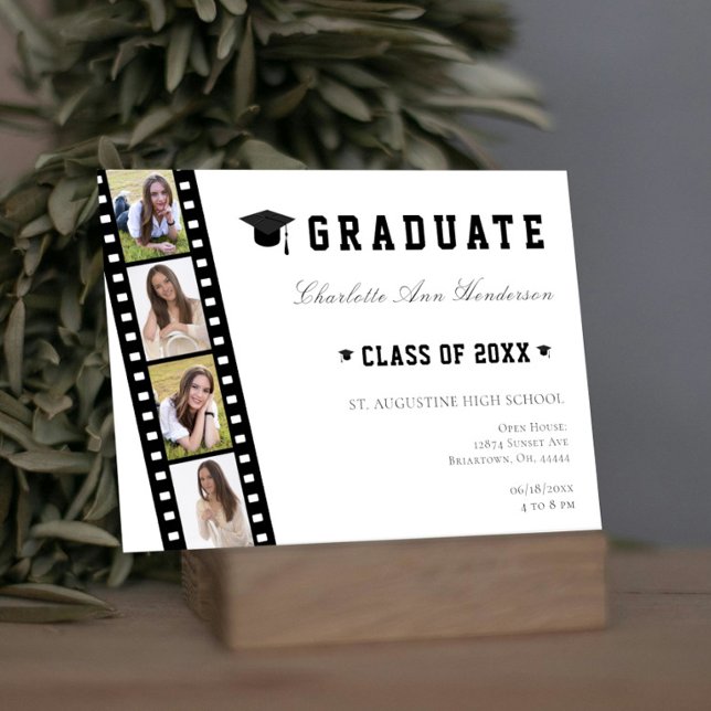 Convite Filmstrip Quatro Colagem de Fotografias Abrir Casa (White Filmstrip Four Photo Collage Graduation Open House Invitation)