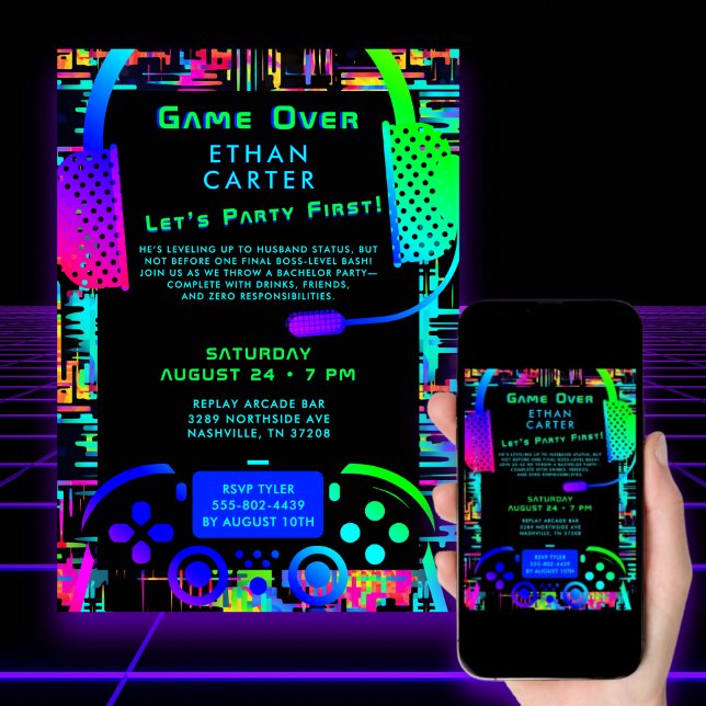 Convite Fim de Jogo Tema de Festa de Solteiro Vídeo Arcade (Criador carregado)