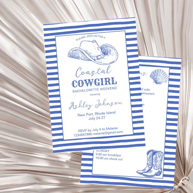 Convite Fim de semana da Bachelorette Cowgirl Costeira (Coastal Cowgirl Bachelorette weekend itinerary Invitation template last toast on a coast dusty blue)