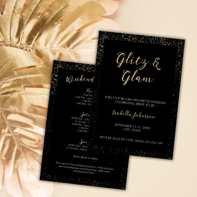 Convite Fim de semana da Bachelorette Glitter do Ouro Glit (Glitz & Glam Black Glitter Bachelorette Weekend Invitation)