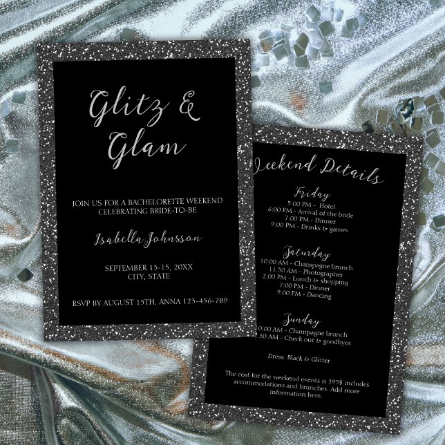Convite Fim de semana da Bachelorette Glitter Preto Glitz (Glitz & Glam Black Glitter Bachelorette Weekend Invitation silver)