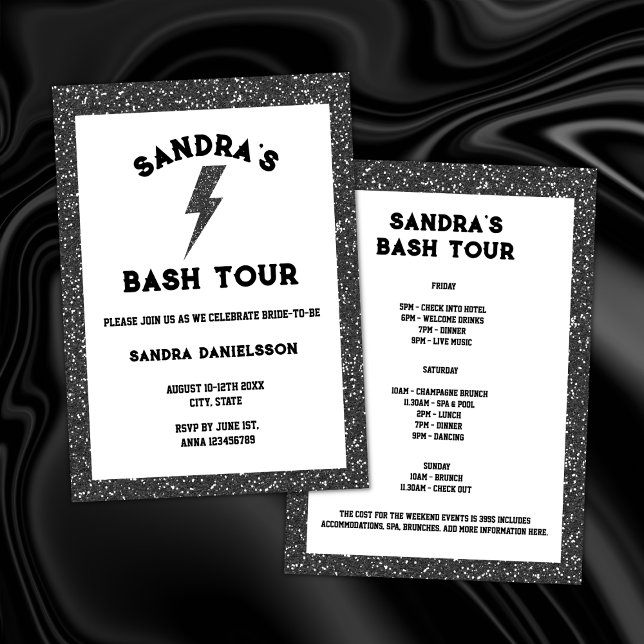 Convite Fim de semana da Bachelorette Tour de Bach Black R (rock and roll bachelorette party black glitter rock bride weekend itinerary)
