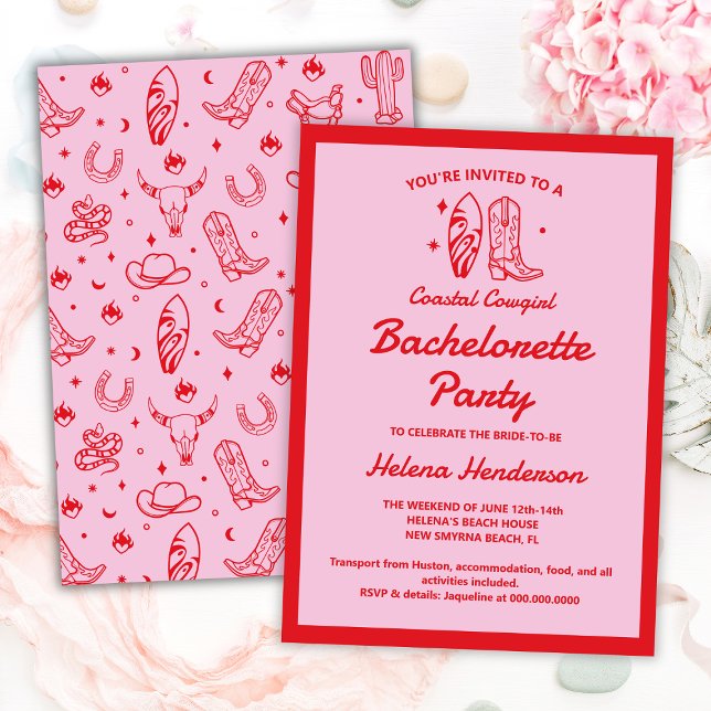 Convite Fim de Semana da Bachelorette Vermelha e Rosa Cowg (Coastal Cowgirl Red & Pink Bachelorette Weekend Invitation
)