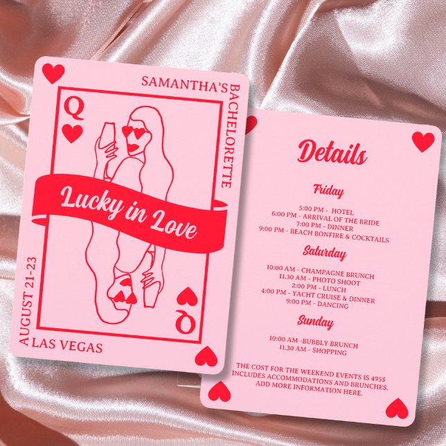 Convite Fim De Semana Da Bachelorette Vermelha E Rosa Quad (Lucky In Love Chic Pink & Red Bachelorette Weekend Invitation)
