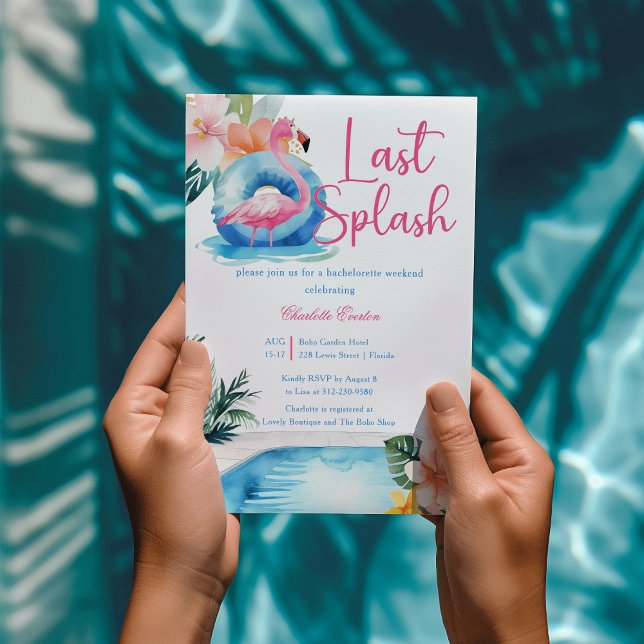 Convite Fim de Semana da Despedida de Solteira do Flamingo (Last Splash Pool pool watercolor Pink flamingo tropical flower Bachelorette Weekend Invitation)