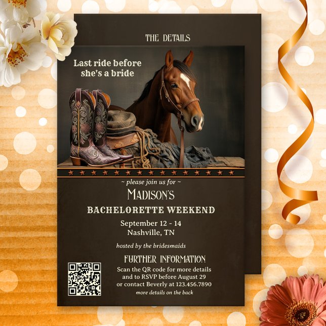Convite Fim de Semana da Última Viagem Nashville Bachelore (Brides last ride bachelorette weekend itinerary program template with a horse and cowboy boots.)