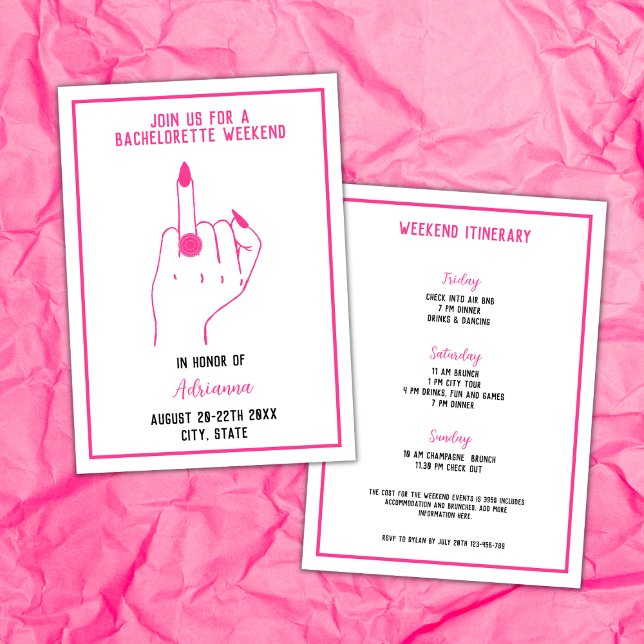 Convite Fim de semana das raparigas de esqueleto cor-de-ro (ring finger bachelorette party invitation bold pink weekend itinerary modern fun)