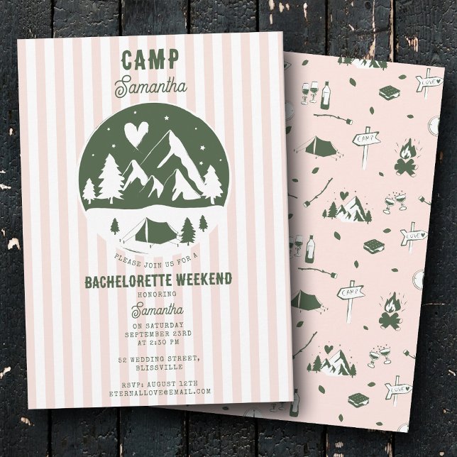 Convite Fim de semana de acampamento despedida de solteira (Camp Bachelorette Party Camping Bach Weekend Pink Invitation)